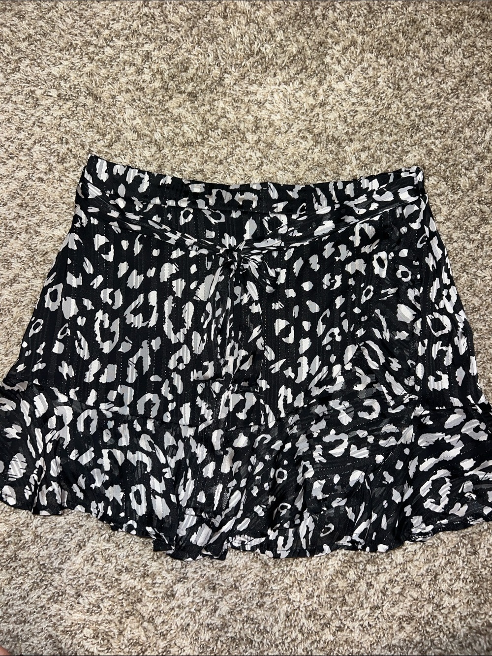 Alter’d State Black and White Satin Leopard Print Ruffle Skirt with Tie Sz L